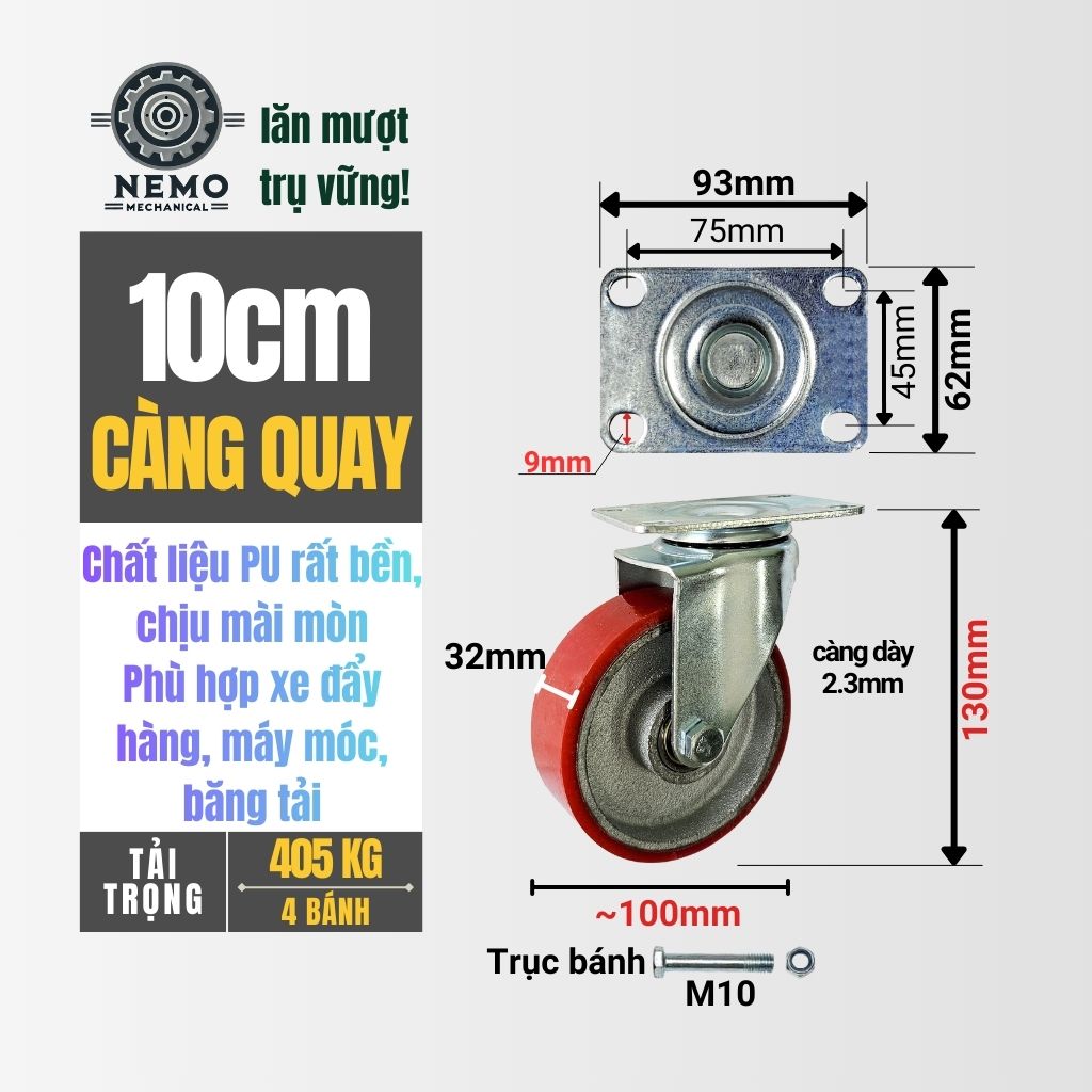 Bánh Xe PU Cốt Sắt Tải Trung – Siêu Bền, Kháng Dầu Mỡ (D75, D100, D125)